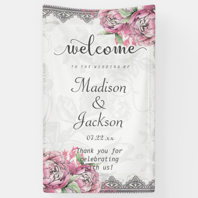 Romantic Chic Peony Floral & Lace Wedding Welcome Banner (Vertical)