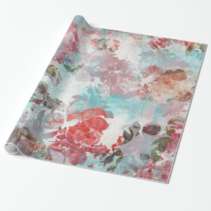 Romantic Chic Pink Floral Teal Watercolor Pattern Wrapping Paper