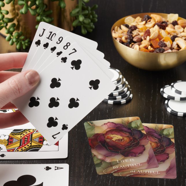 Romantic Chic Rose Red Burgundy Gold Floral  Playing Cards (In Situ)