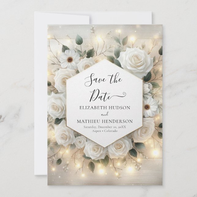 Romantic Chic White Roses Wedding Save The Date (Front)