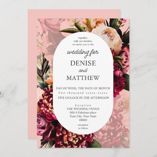 Romantic Chrysanthemum on Almond Gossamer Pink Invitation (Front/Back)