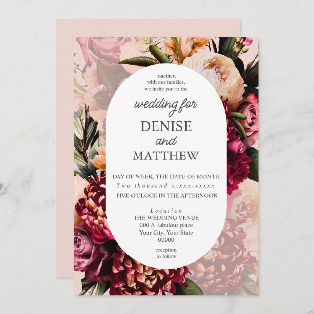 Romantic Chrysanthemum on Blush Rose Wedding Invitation (Front/Back)