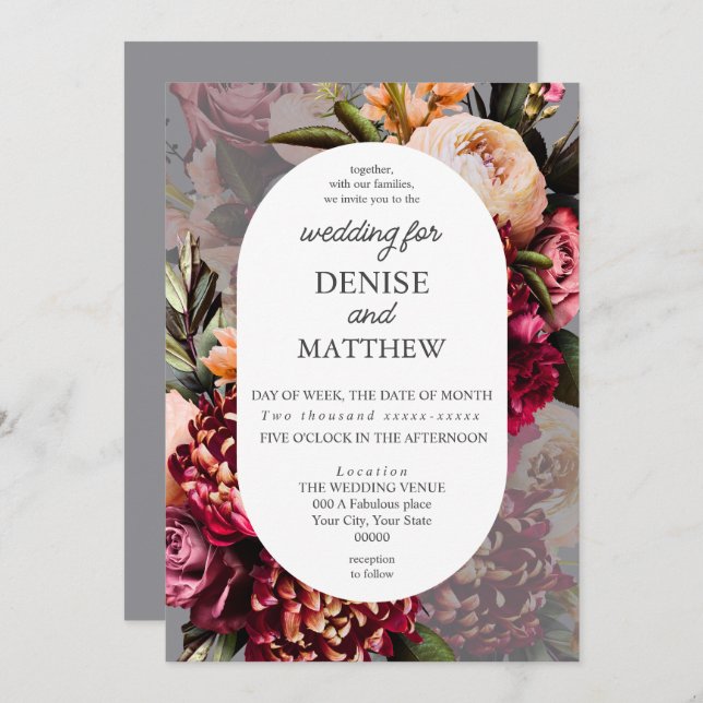Romantic Chrysanthemum on Chiseled Stone Wedding Invitation (Front/Back)