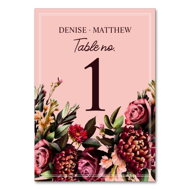 Romantic Chrysanthemum on Gossamer Pink Table Number (Front)