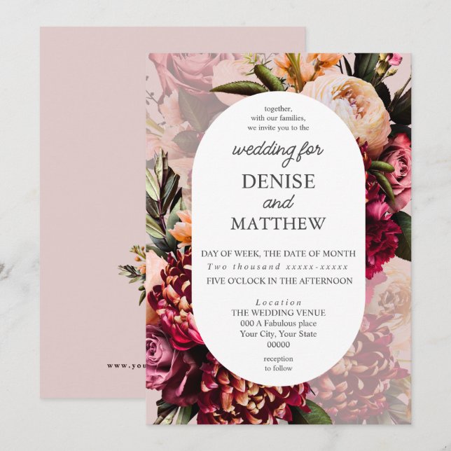 Romantic Chrysanthemum on Mauve Chalk Wedding Invitation (Front/Back)
