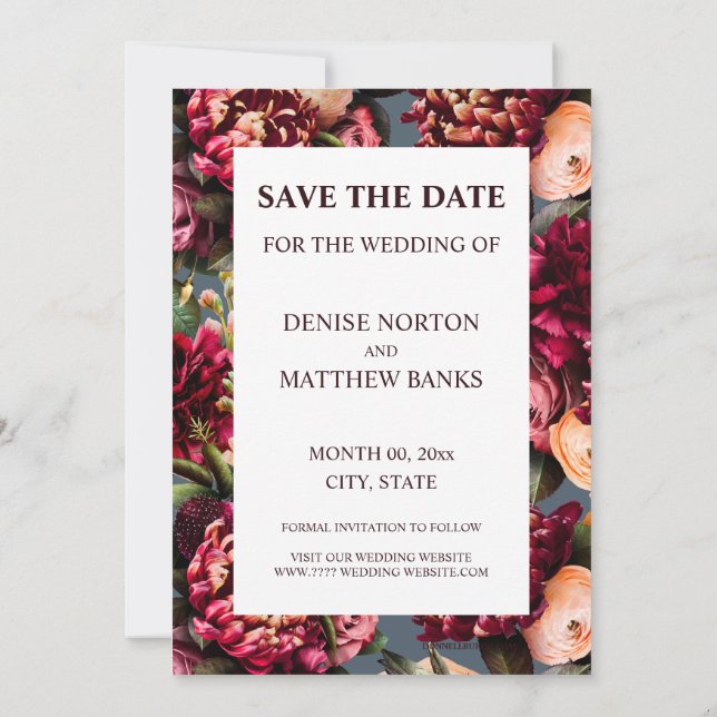 Romantic Chrysanthemum on Midnight Teal Save Date Invitation (Back)