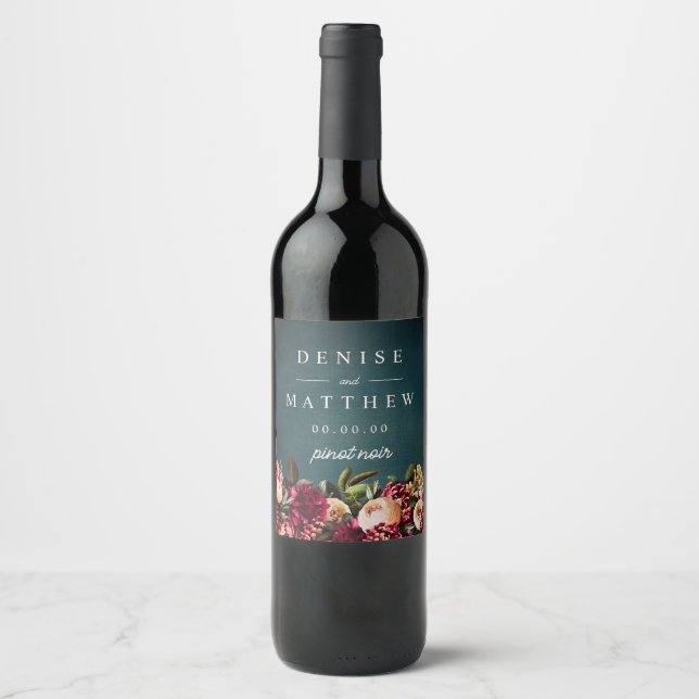 Romantic Chrysanthemum on Teal  Wine Label (Front)