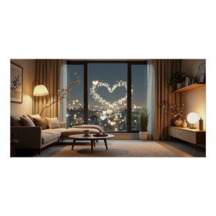 Romantic City Night with Heart Lights Poster