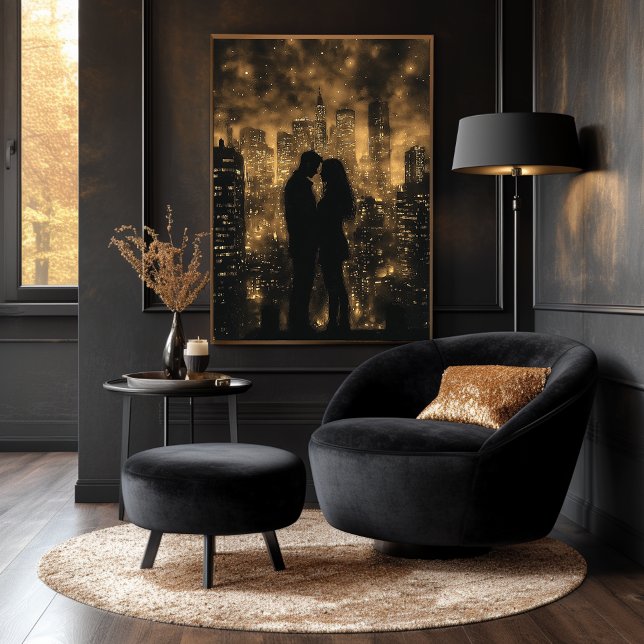 Romantic City Skyline Couple in Golden Monochrome Poster (Creator Uploaded)