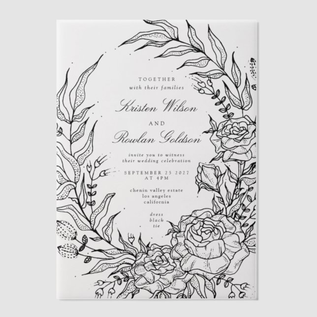 Romantic Classic Black Floral Wreath Wedding Vellum Invitations (Front)