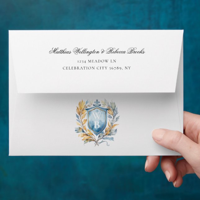 Romantic Classic Blue Crest Monogram Wedding Envelope (Hand)