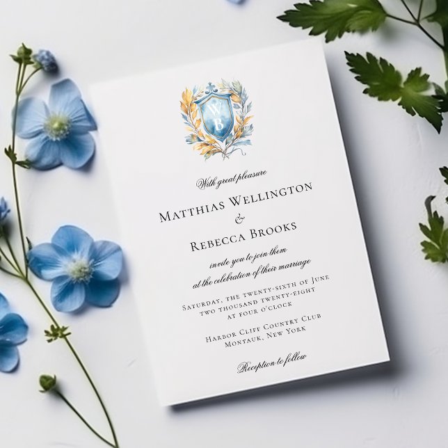 Romantic Classic Blue Crest Monogram Wedding Invitation (Creator Uploaded)