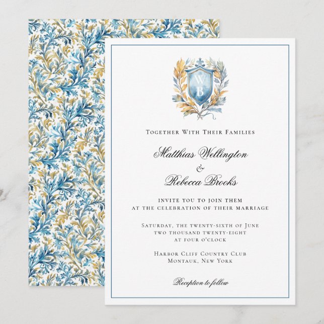 Romantic Classic Blue Crest Monogram Wedding Invitation (Front/Back)