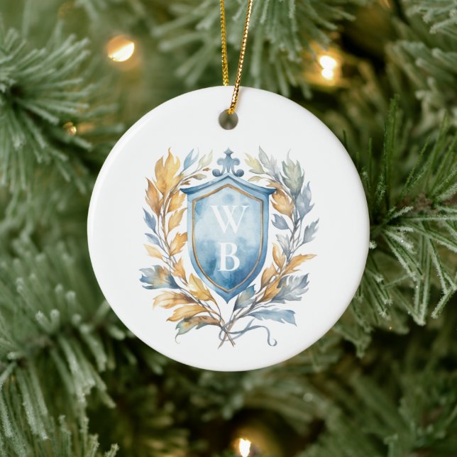 Romantic Classic Blue Monogram Crest Wedding Ceramic Ornament (Tree)