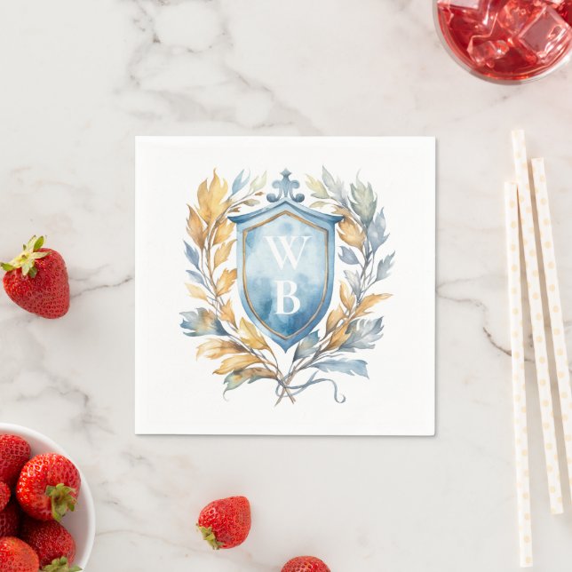 Romantic Classic Blue Monogram Crest Wedding Napkin (Insitu)