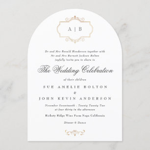 romantic classic gold crest monogram arch wedding invitation