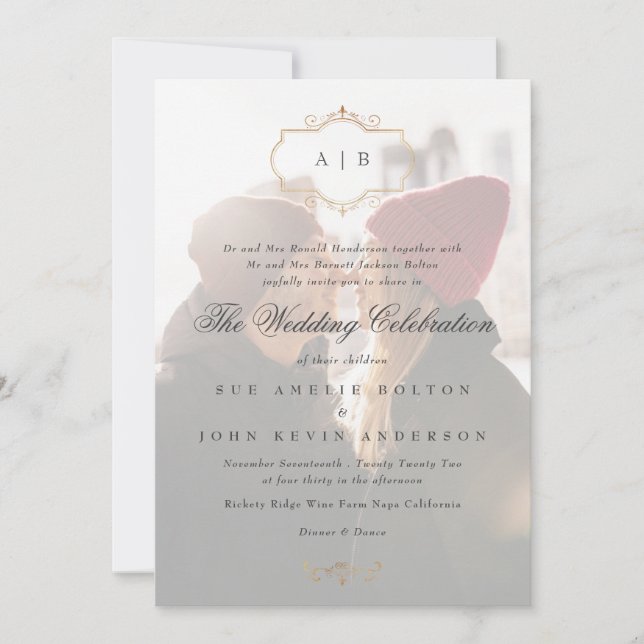 romantic classic gold crest monogram Photo wedding Invitation (Front)