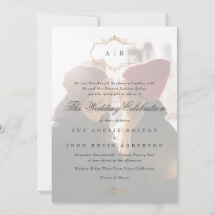 romantic classic gold crest monogram Photo wedding Invitation