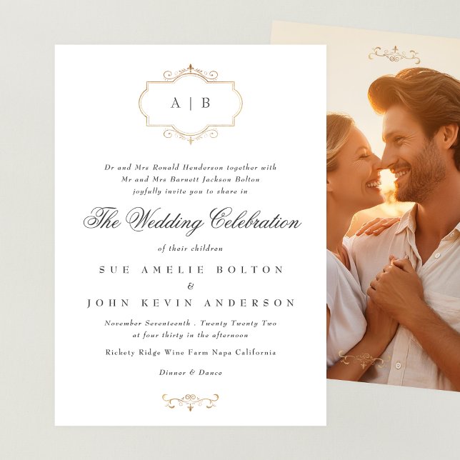 romantic classic gold crest monogram Photo wedding Invitation (Creator Uploaded)