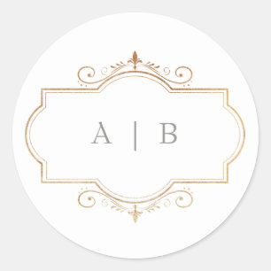 romantic classic gold monogram sage green wedding round sticker