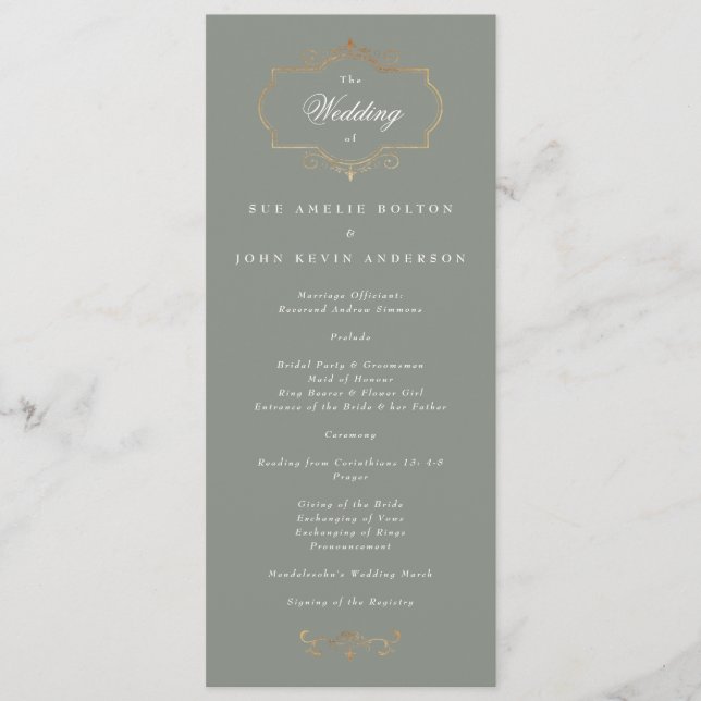 romantic classic sage green gold monogram wedding program (Front)