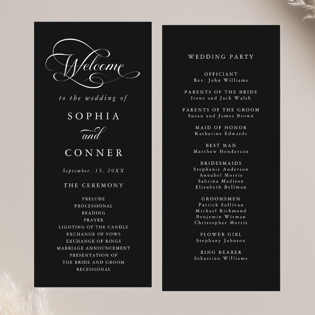 Romantic Classy Calligraphy Wedding Black Ceremony Program (Front & Back)