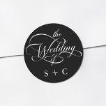 Romantic Classy Calligraphy Wedding Black Classic Round Sticker<br><div class="desc">Simple black and white wedding sticker features elegant,  romantic swirly calligraphy lettering with initials. For more advanced customisation of this design,  please click the BLUE DESIGN TOOL BUTTON above!</div>