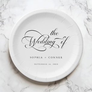 Romantic Classy Calligraphy Wedding Black & White Paper Plate