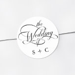 Romantic Classy Calligraphy Wedding Classic Round Sticker<br><div class="desc">Simple black and white wedding sticker features elegant,  romantic swirly calligraphy lettering with initials. For more advanced customisation of this design,  please click the BLUE DESIGN TOOL BUTTON above!</div>