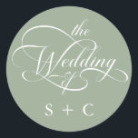 Romantic Classy Calligraphy Wedding Sage Green Classic Round Sticker<br><div class="desc">Simple sage green and white wedding sticker features elegant,  romantic swirly calligraphy lettering with initials. For more advanced customisation of this design,  please click the BLUE DESIGN TOOL BUTTON above!</div>