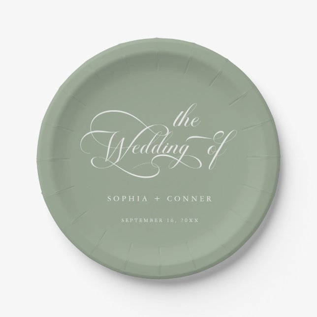 Romantic Classy Calligraphy Wedding Sage Green Paper Plate (Front)