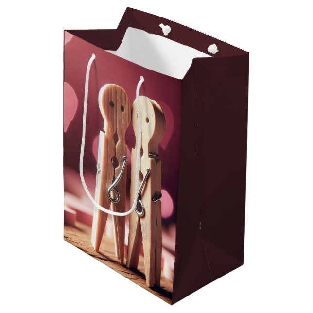 Romantic Clothespin Couple With Hearts Medium Gift Bag (Front Angled)