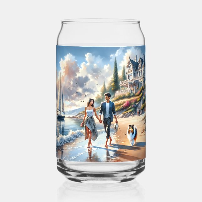 Romantic Coastal Cottage Sunset Stroll Can Glass (Front)