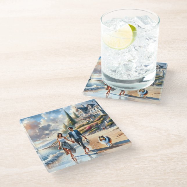 Romantic Coastal Cottage Sunset Stroll Glass Coaster (Angled)