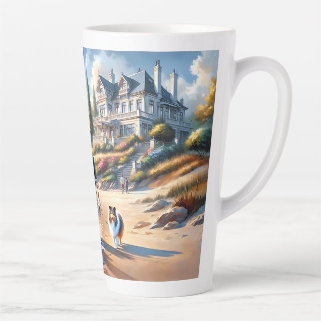 Romantic Coastal Cottage Sunset Stroll Latte Mug (Right)