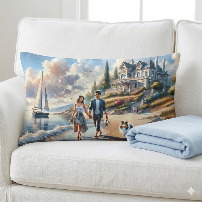 Romantic Coastal Cottage Sunset Stroll Lumbar Cushion (Romantic Coastal Cottage Sunset Stroll Lumbar Pillow Mockup A)