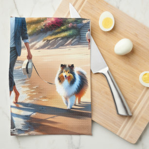 Romantic Coastal Cottage Sunset Stroll Tea Towel