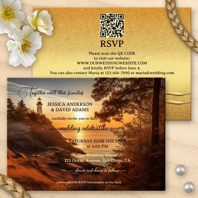 Romantic Coastal Lighthouse QR Code Wedding Invitation (Creator Uploaded)