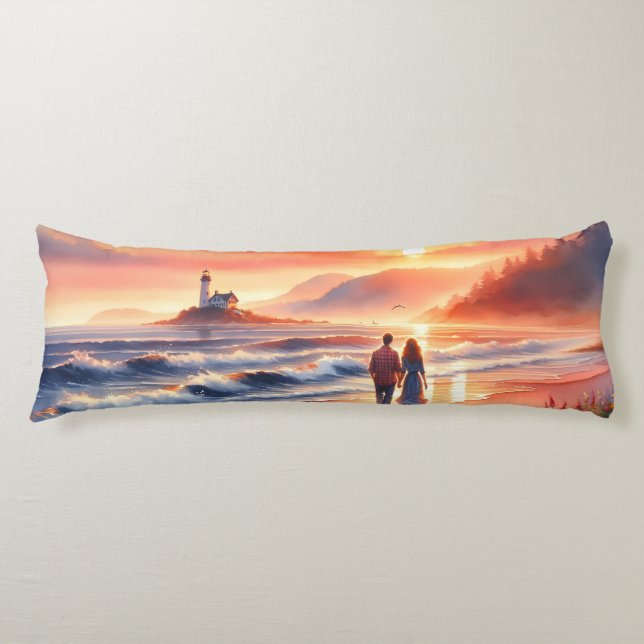Romantic Coastal Sunset Lighthouse Walk Body Cushion (Front)
