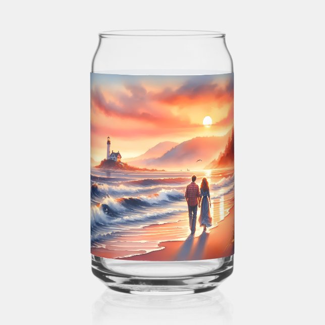 Romantic Coastal Sunset Lighthouse Walk Can Glass (Front)