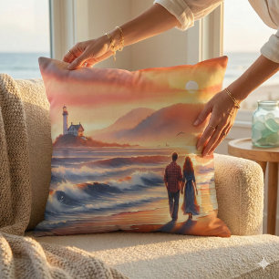 Romantic Coastal Sunset Lighthouse Walk Cushion