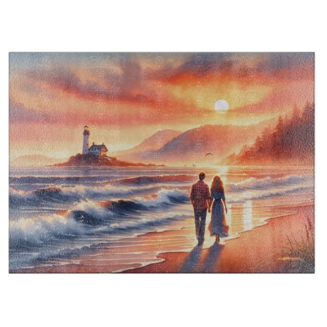 Romantic Coastal Sunset Lighthouse Walk Cutting Board (Front)