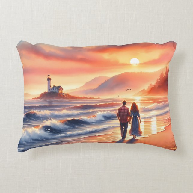 Romantic Coastal Sunset Lighthouse Walk Decorative Cushion (Front)
