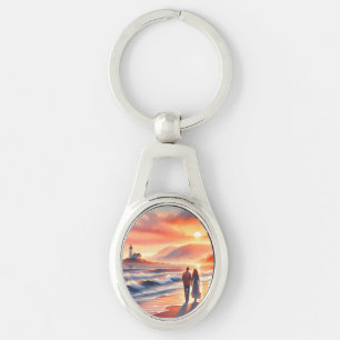 Romantic Coastal Sunset Lighthouse Walk Key Ring