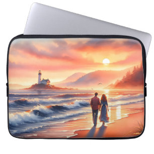 Romantic Coastal Sunset Lighthouse Walk Laptop Sleeve