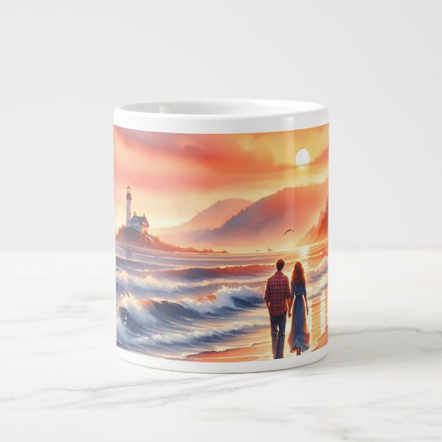 Romantic Coastal Sunset Lighthouse Walk Large Coffee Mug (Front)