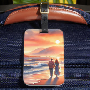 Romantic Coastal Sunset Lighthouse Walk Luggage Tag