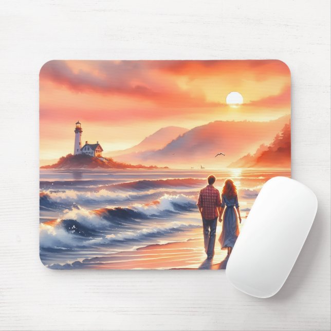 Romantic Coastal Sunset Lighthouse Walk Mouse Pad (With Mouse)