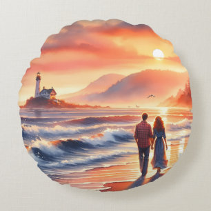 Romantic Coastal Sunset Lighthouse Walk Round Cushion