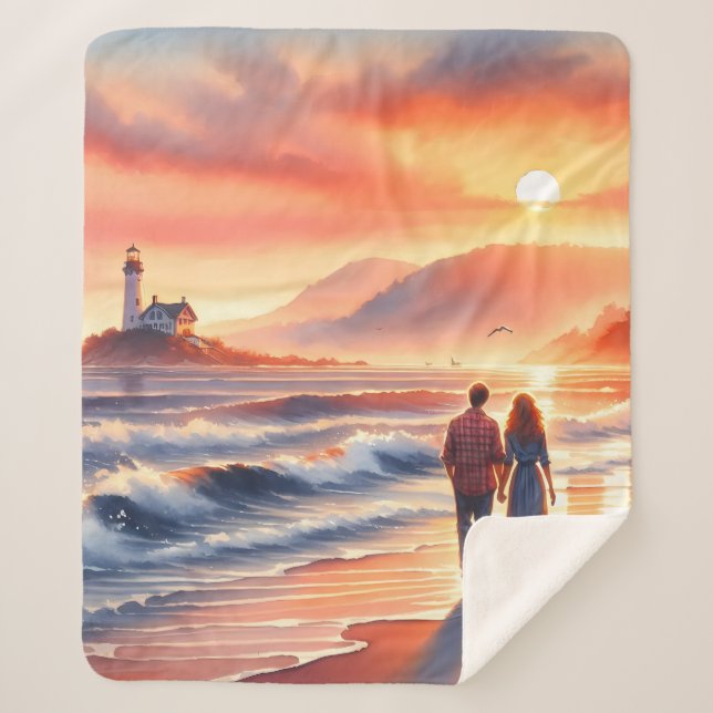 Romantic Coastal Sunset Lighthouse Walk Sherpa Blanket (Front)